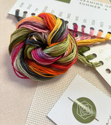 Multicolored skein of yarn on a textured surface with a card and thread spools in the background.
