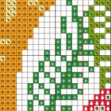Grid pattern with orange, green, and red shapes on a white background