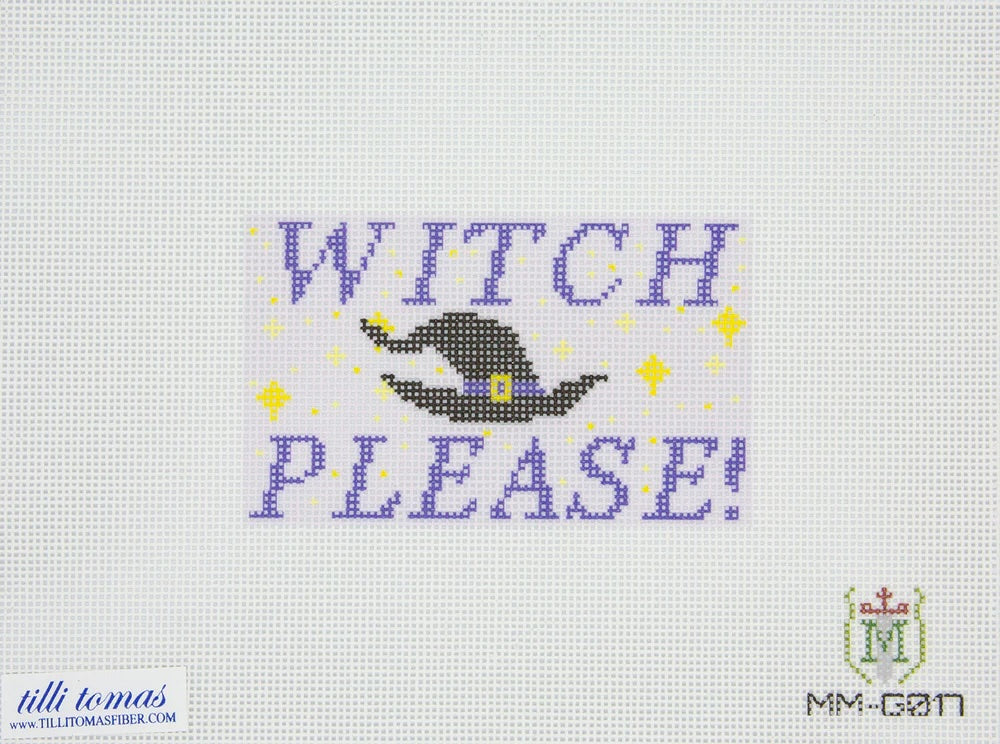 Needlepoint canvas design of a black witch hat with the text Witch Please! and yellow stars on the background.