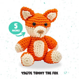 Crocheted fox toy with size indicator and product code on a white background