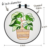 Embroidery hoop with a plant design, labeled for size and material.