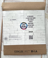 Eco-friendly packaging with brand logos on a white brick background