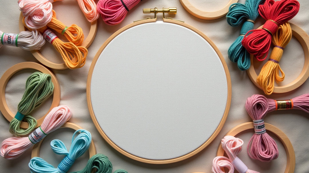 A blank embroidery canvas inside a wood embroidery hoop. Other small wood hoops and embroidery floss are scattered around the central fabric canvas.