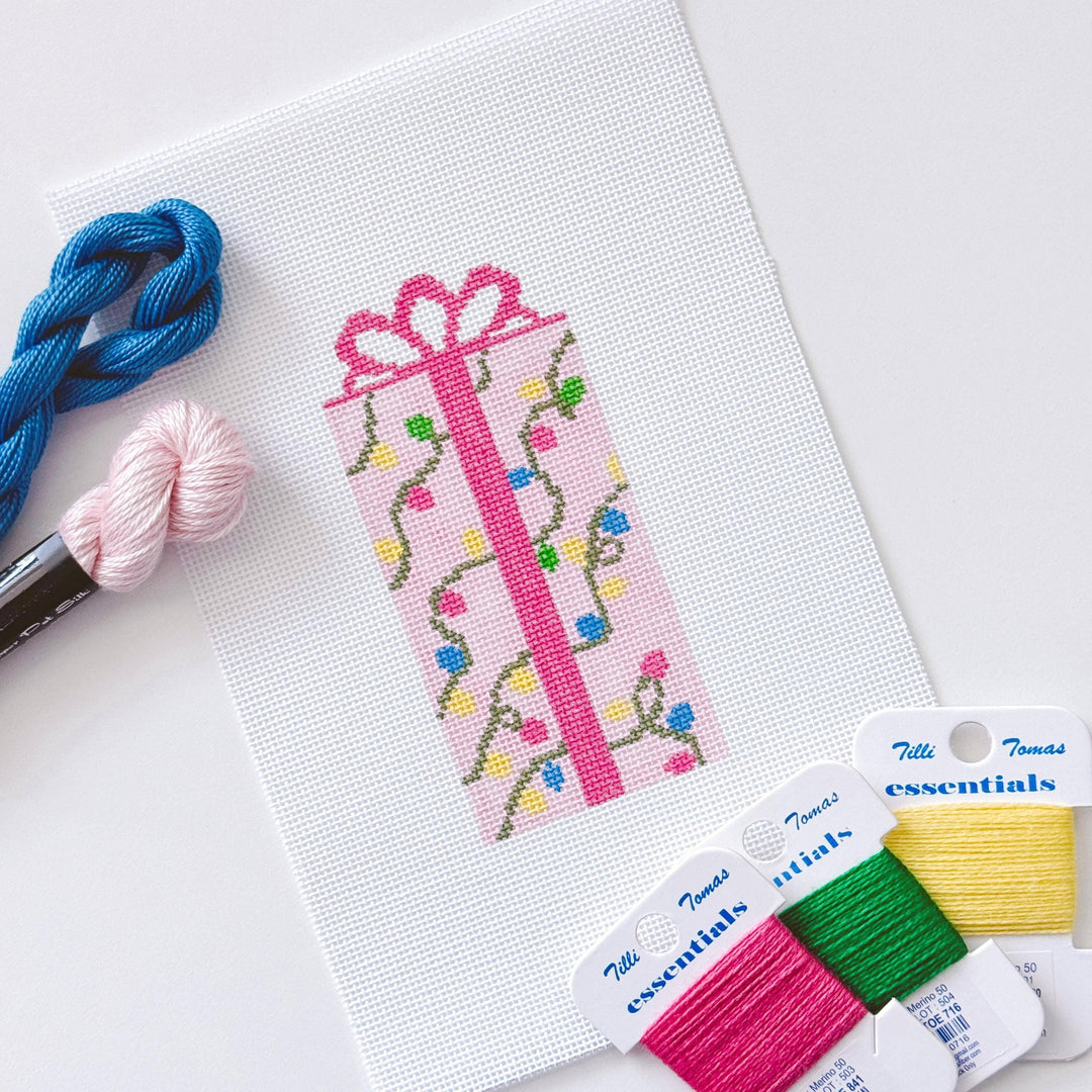 Cotswold Co Designs - Pink Present Christmas Needlepoint Canvas 18 Mesh 2.5”x5” Design, Bow Christmas Needlepoint Ornament, Modern Needlepoint - Pisgah Needleworks