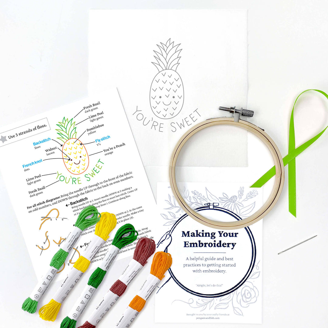 Penguin & Fish – Pineapple Embroidery Kit | 4" Beginner Hand Embroidery Kit