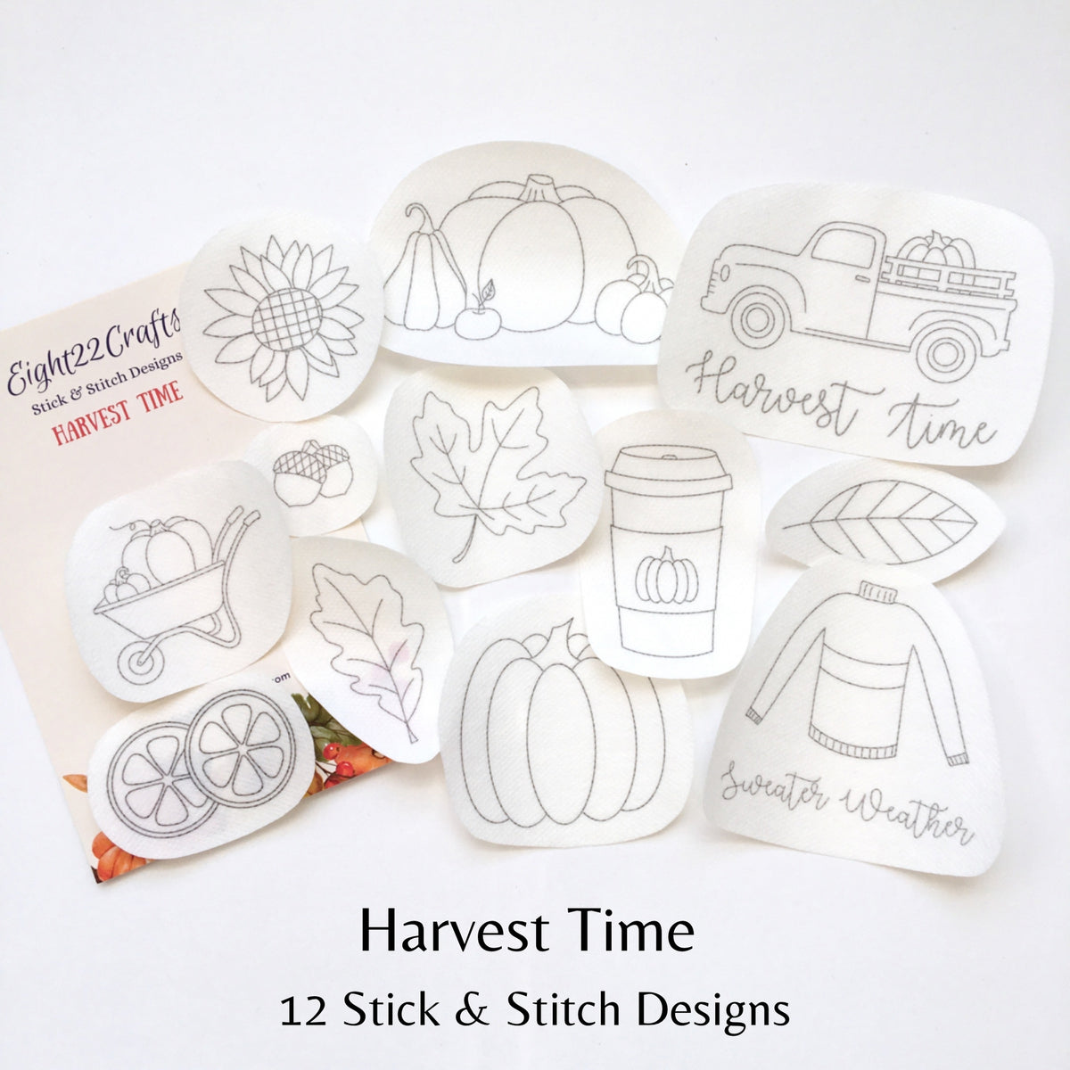 Set of 'Harvest Time' stick and stitch designs on a white background