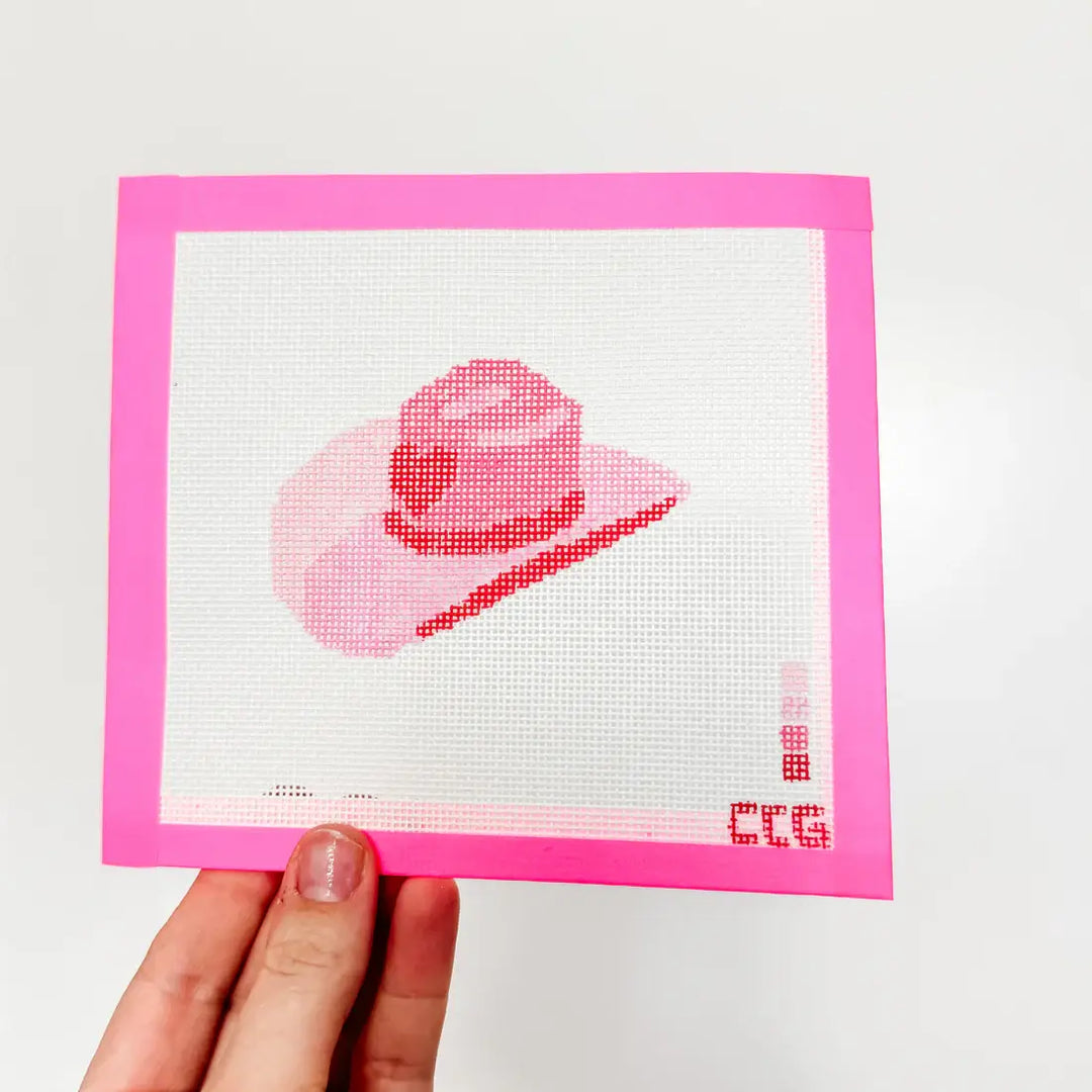 Cotswold Co Designs - Hand-Painted Pink Cowgirl Hat Needlepoint Canvas | 3” Canvas - Pisgah Needleworks