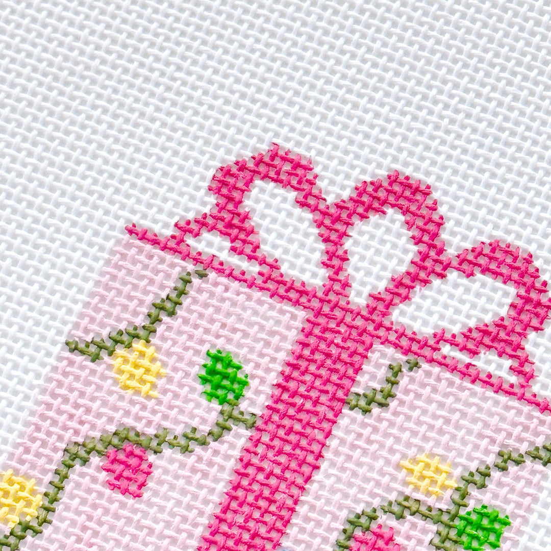 Cotswold Co Designs - Pink Present Christmas Needlepoint Canvas 18 Mesh 2.5”x5” Design, Bow Christmas Needlepoint Ornament, Modern Needlepoint - Pisgah Needleworks