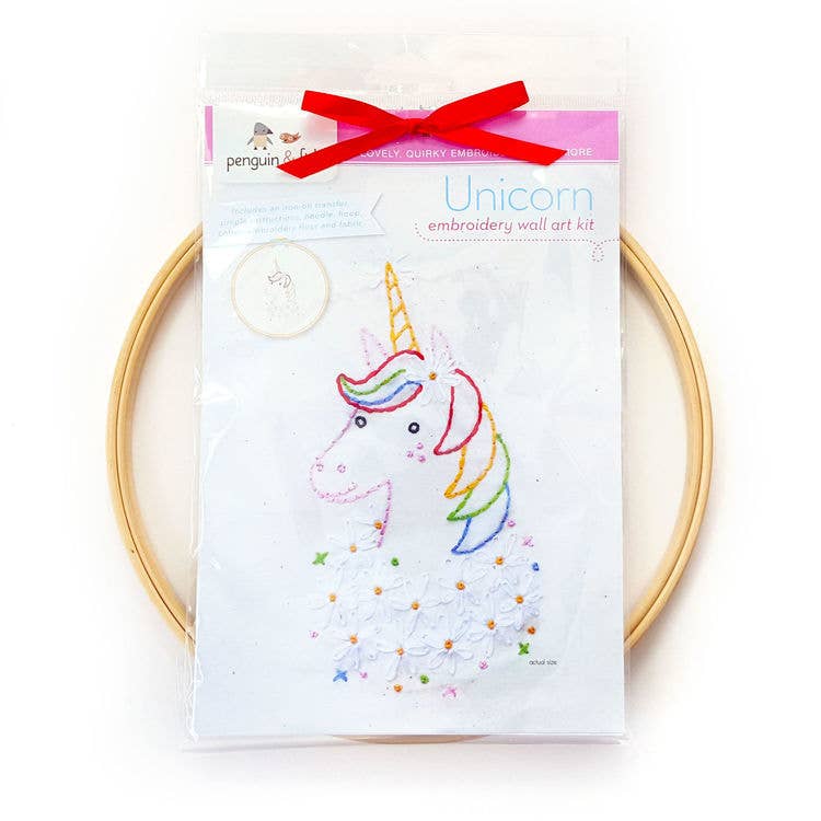 Penguin & Fish – Unicorn Embroidery Wall Art Kit | 8" Beginner Embroidery Kit