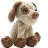 Crocheted dog toy with brown and beige colors on a white background