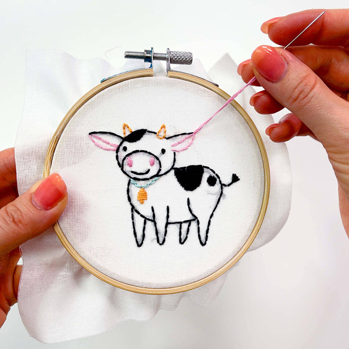 Penguin & Fish – Cow Embroidery Kit | 4" Beginner Farm Animal Embroidery Kit