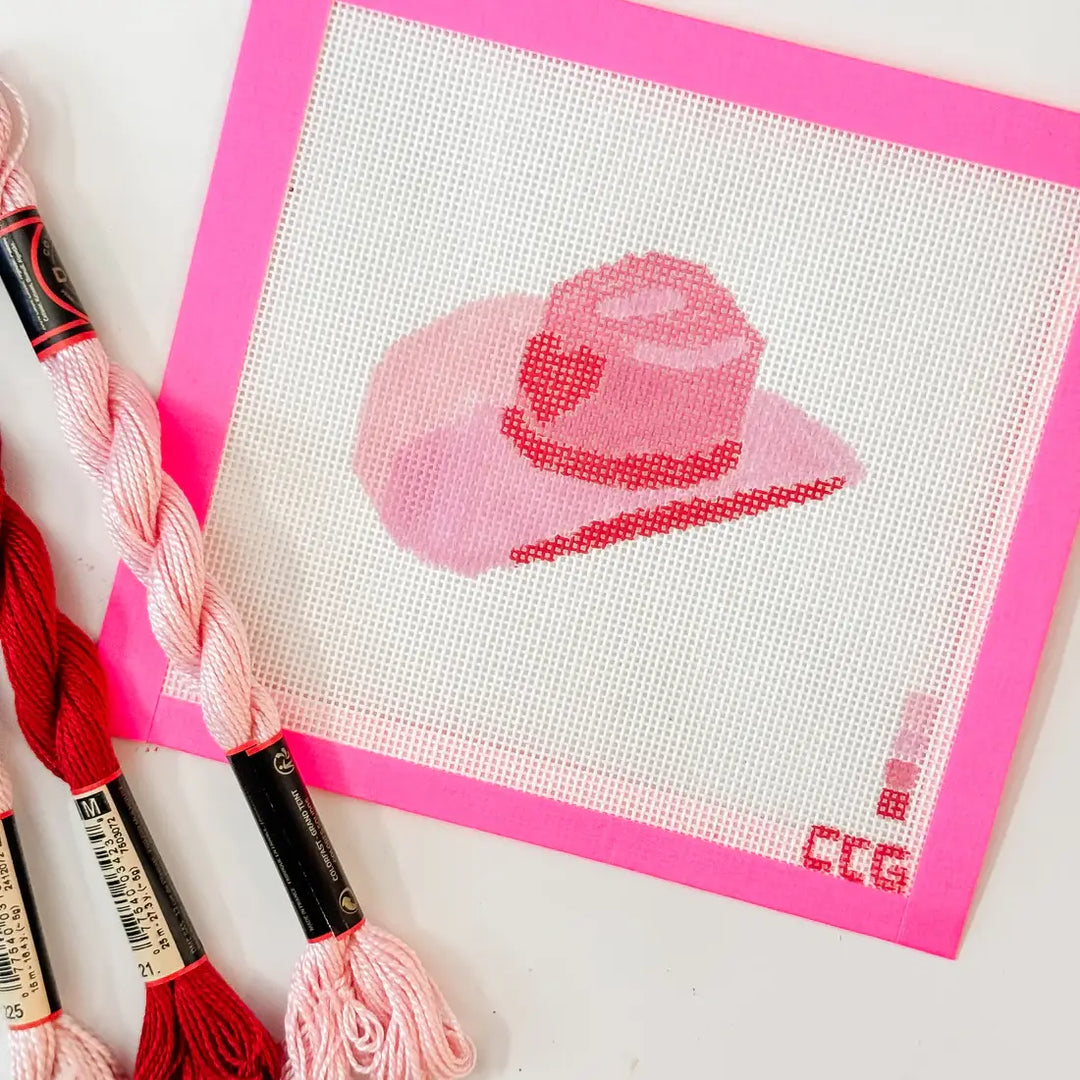 Cotswold Co Designs - Hand-Painted Pink Cowgirl Hat Needlepoint Canvas | 3” Canvas - Pisgah Needleworks