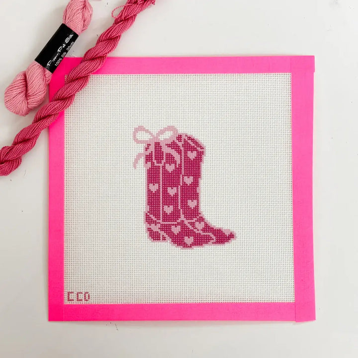 Cotswold Co Designs - Hand-Painted Heart Coquette Cowgirl Boot Needlepoint Canvas - Pisgah Needleworks