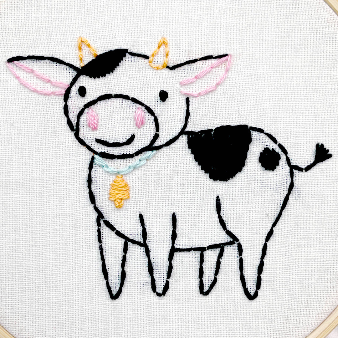 Penguin & Fish – Cow Embroidery Kit | 4" Beginner Farm Animal Embroidery Kit