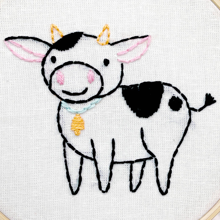 Penguin & Fish – Cow Embroidery Kit | 4" Beginner Farm Animal Embroidery Kit