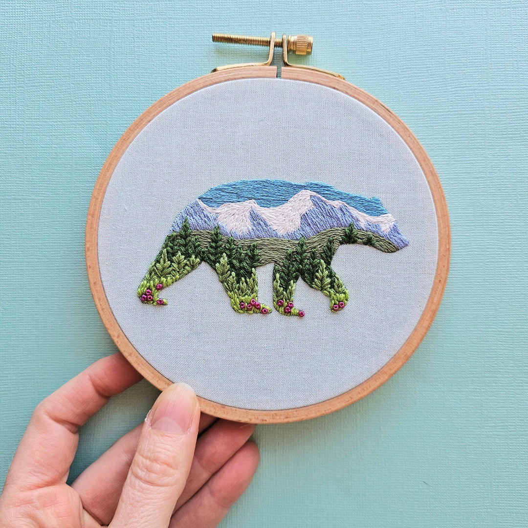 Jessica Long Embroidery – Mountain Bear Embroidery Kit | 5" Mountain Landscape Hand Embroidery Kit