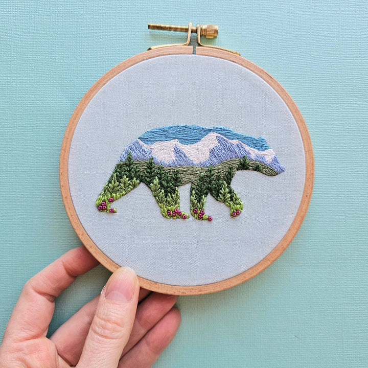 Jessica Long Embroidery – Mountain Bear Embroidery Kit | 5" Mountain Landscape Hand Embroidery Kit