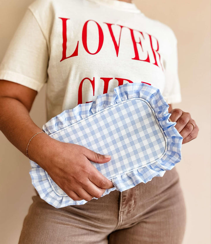 Mugsby - Gingham Ruffle Zipper Pouch Embroidery Friendly Cosmetic Bag: Black - Pisgah Needleworks