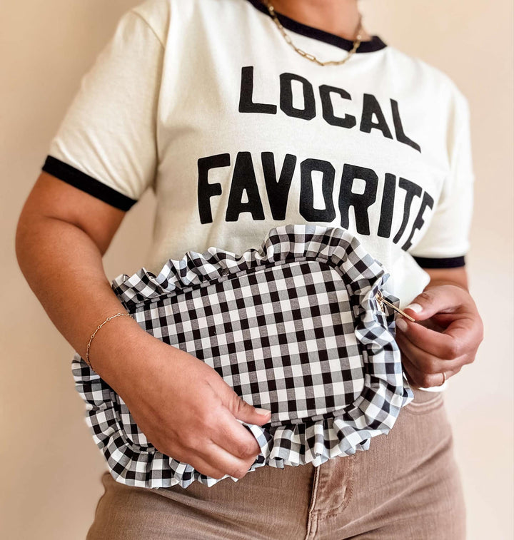 Mugsby - Gingham Ruffle Zipper Pouch Embroidery Friendly Cosmetic Bag: Black - Pisgah Needleworks