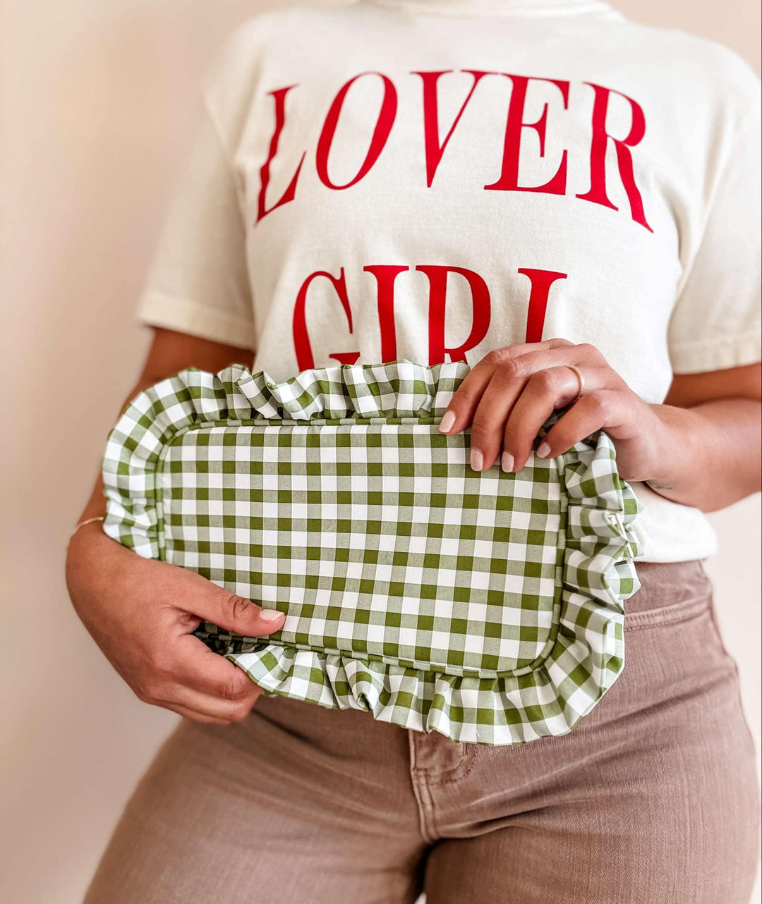 Mugsby - Gingham Ruffle Zipper Pouch Embroidery Friendly Cosmetic Bag: Black - Pisgah Needleworks