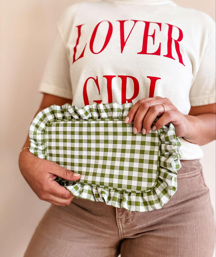 Mugsby - Gingham Ruffle Zipper Pouch Embroidery Friendly Cosmetic Bag: Black - Pisgah Needleworks