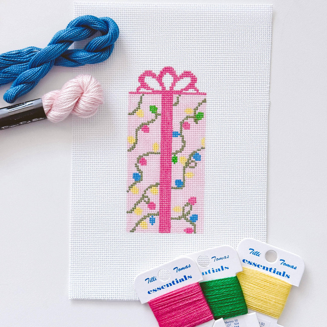 Cotswold Co Designs - Pink Present Christmas Needlepoint Canvas 18 Mesh 2.5”x5” Design, Bow Christmas Needlepoint Ornament, Modern Needlepoint - Pisgah Needleworks