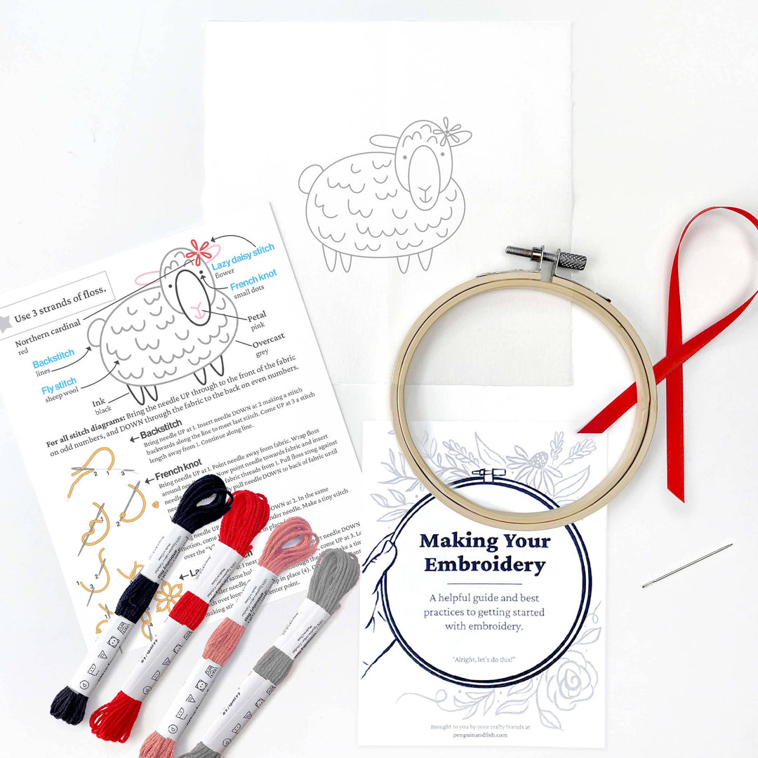 Penguin & Fish – Sheep Embroidery Kit | 4" Beginner Farm Animal Embroidery Kit
