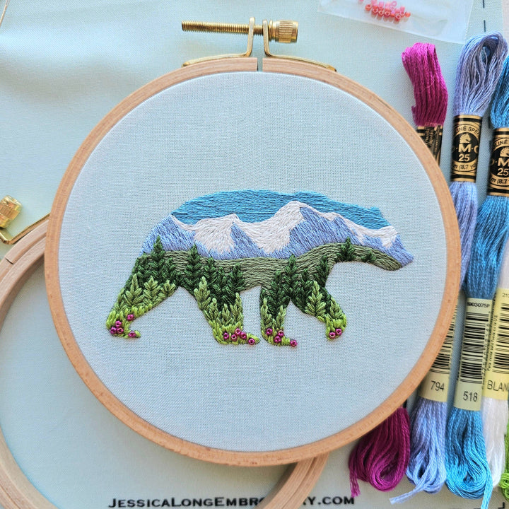 Jessica Long Embroidery – Mountain Bear Embroidery Kit | 5" Mountain Landscape Hand Embroidery Kit