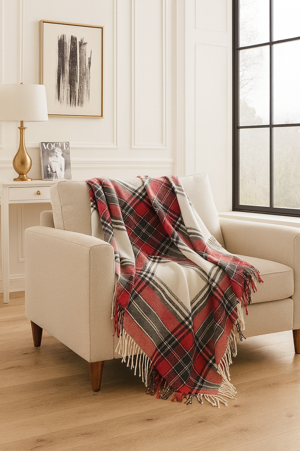 Fennco Styles - Red Classic Plaid Tassel Trim 50x60 Inch Throw Blanket - Pisgah Needleworks