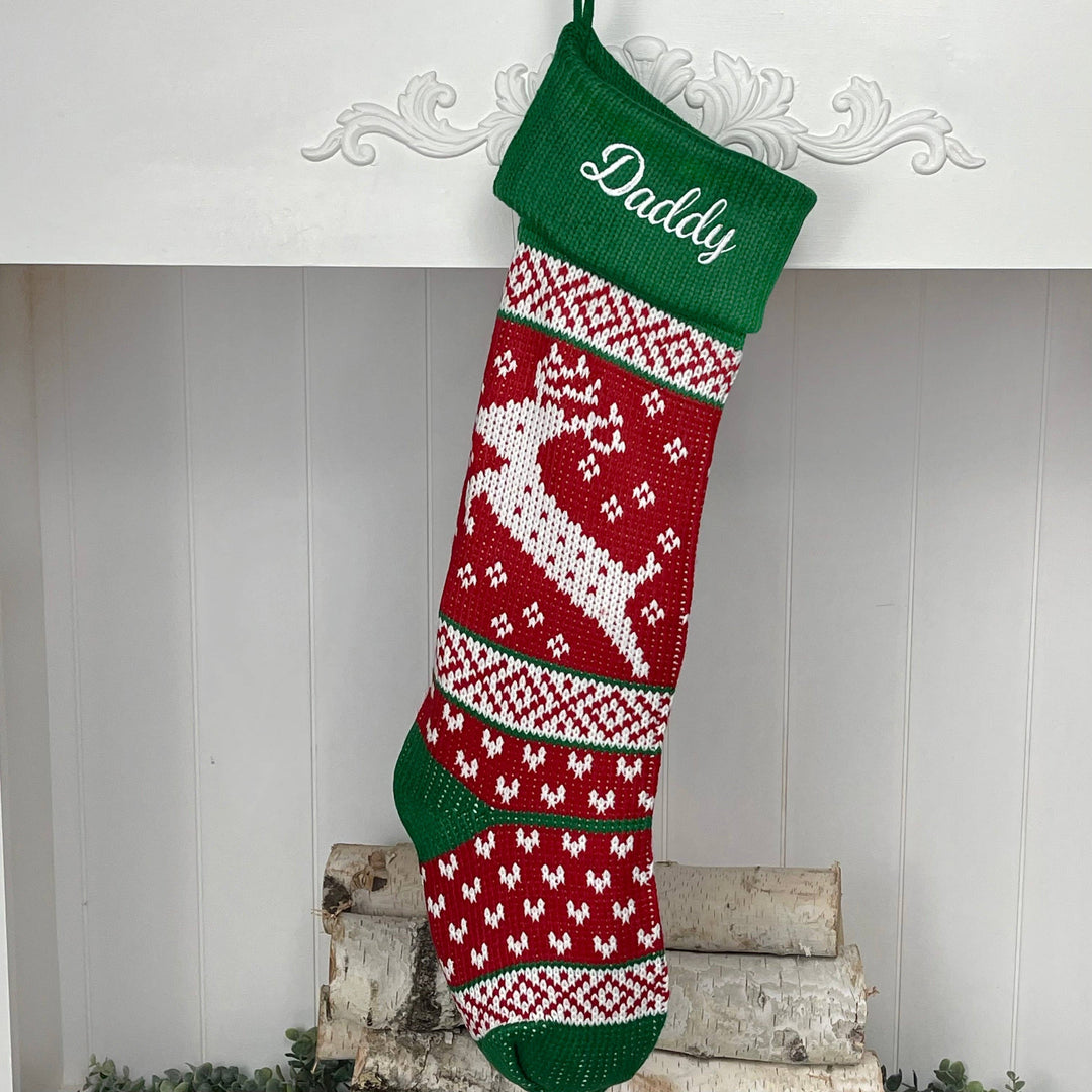 Holiday Blanks - Extra Large Knit Stocking Blanks with Snowflake Deer patterns and Pet Stockings with Woof and Meow: Deer with green cuff - Pisgah Needleworks