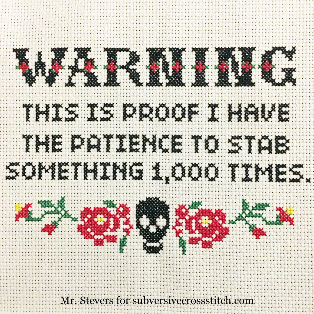 Subversive Cross Stitch Warning - Stabby! Deluxe Cross Stitch Kit by Mr. Stevers
