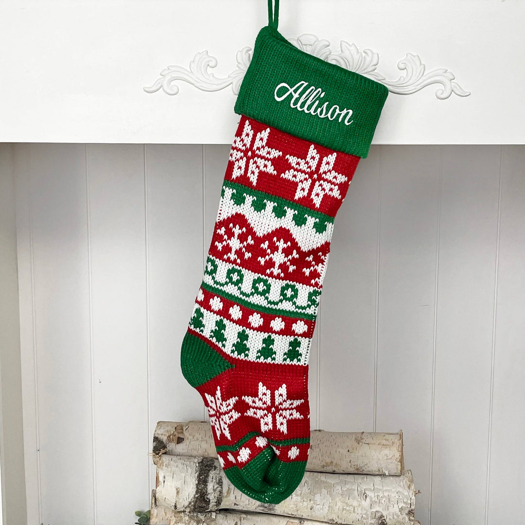 Holiday Blanks - Extra Large Knit Stocking Blanks with Snowflake Deer patterns and Pet Stockings with Woof and Meow: Snowflake with green cuff - Pisgah Needleworks