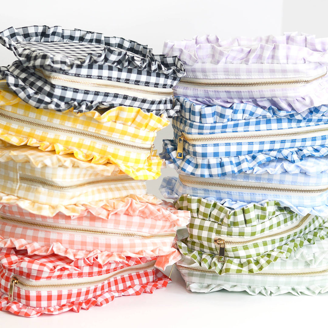 Mugsby - Gingham Ruffle Zipper Pouch Embroidery Friendly Cosmetic Bag: Black - Pisgah Needleworks