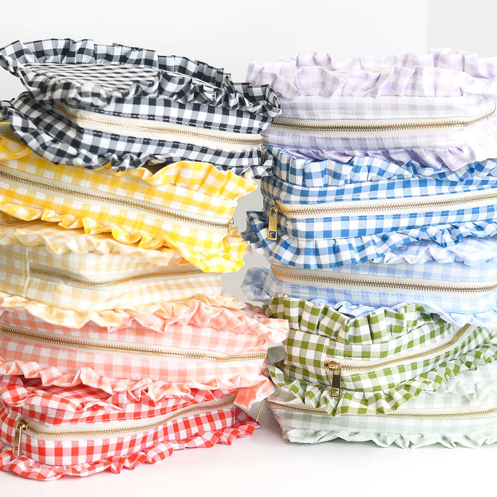 Mugsby - Gingham Ruffle Zipper Pouch Embroidery Friendly Cosmetic Bag: Black - Pisgah Needleworks