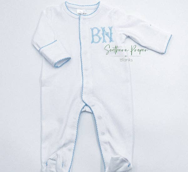 Southern Proper Blanks - Footies - Picot Trim: White w/Blue / 0-3 - Pisgah Needleworks