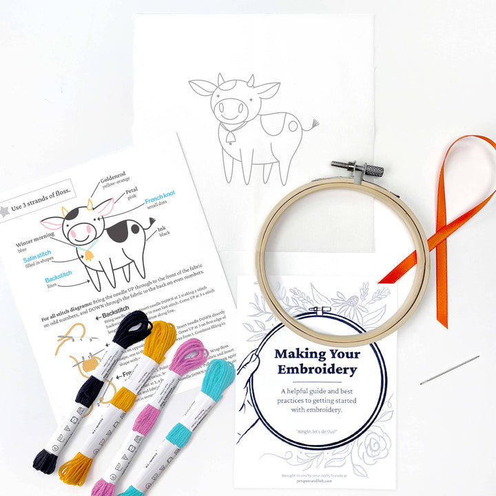 Penguin & Fish – Cow Embroidery Kit | 4" Beginner Farm Animal Embroidery Kit