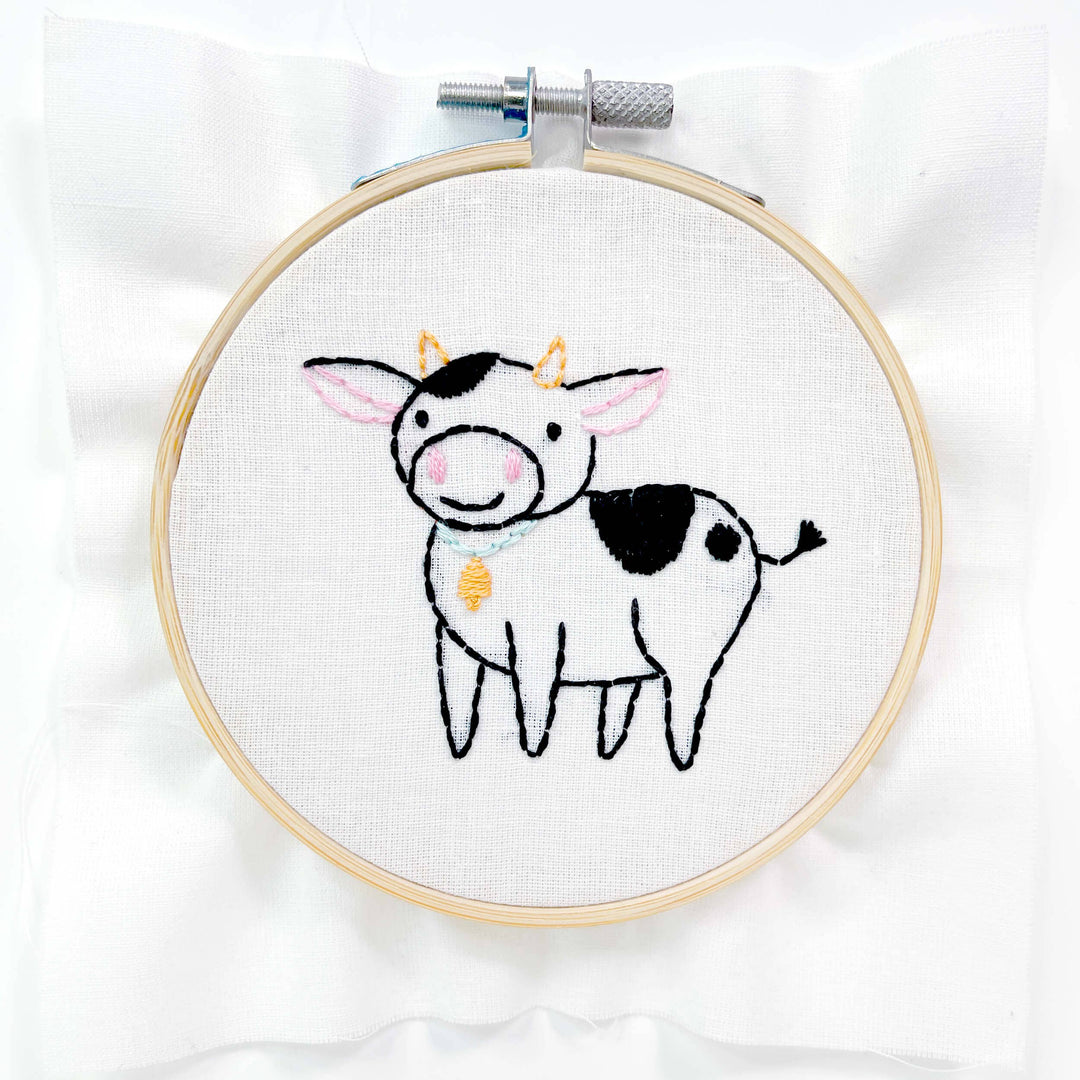 Penguin & Fish – Cow Embroidery Kit | 4" Beginner Farm Animal Embroidery Kit