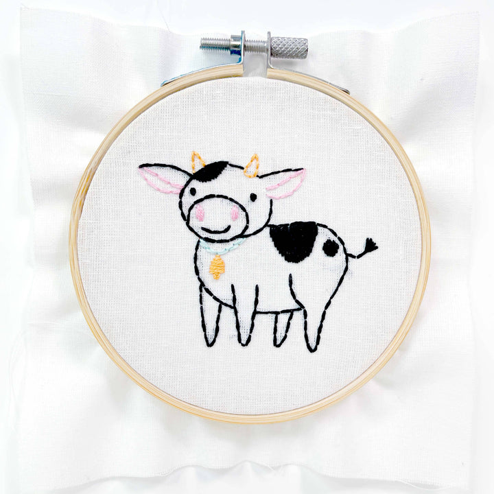 Penguin & Fish – Cow Embroidery Kit | 4" Beginner Farm Animal Embroidery Kit
