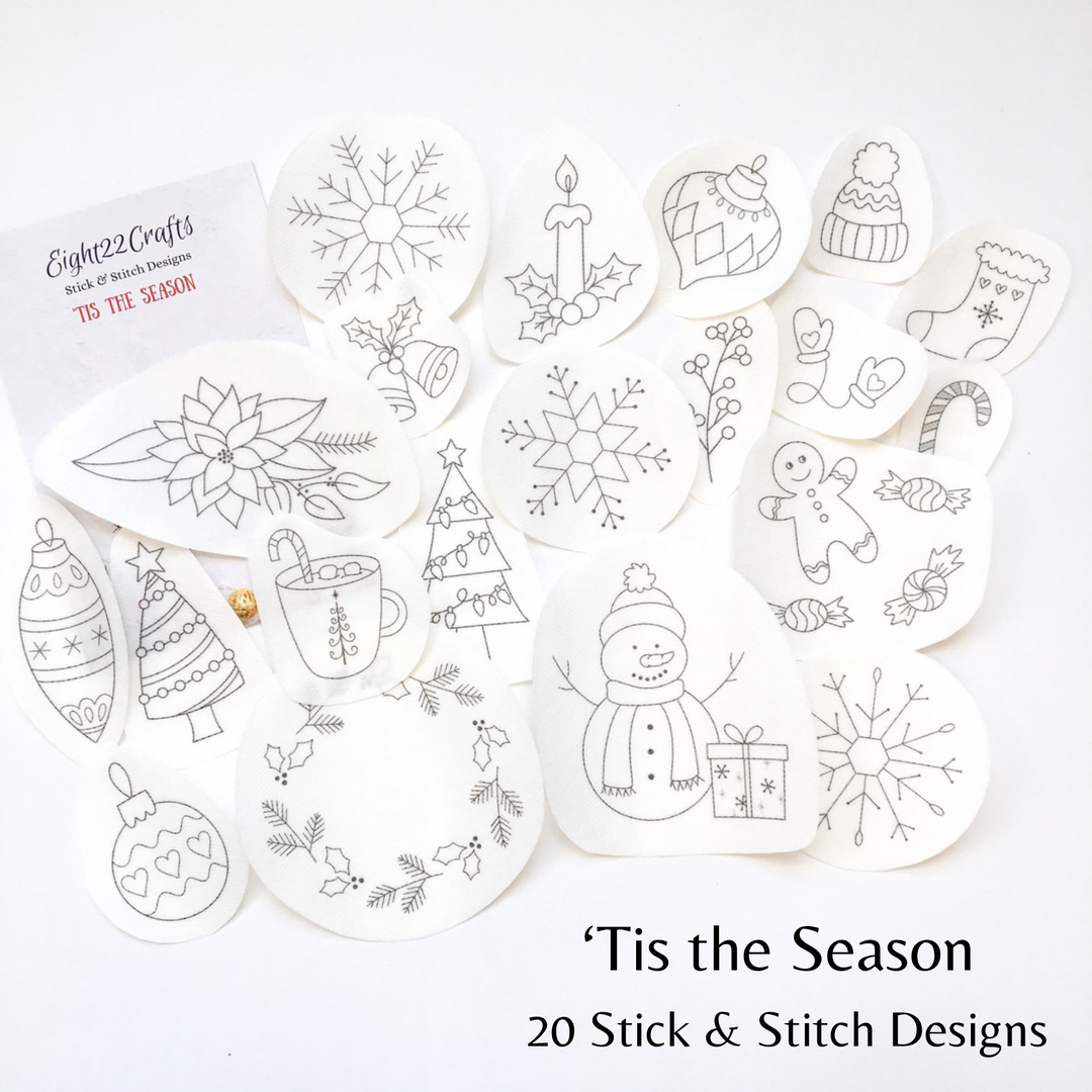 Collection of Christmas-themed stick and stitch designs on a white background with 'Eighty22 Crafts' branding.