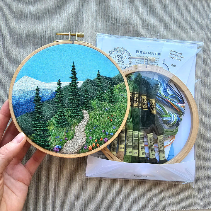 Jessica Long Embroidery – Happy Trails Landscape Embroidery Kit | 6" Intermediate Hand Embroidery