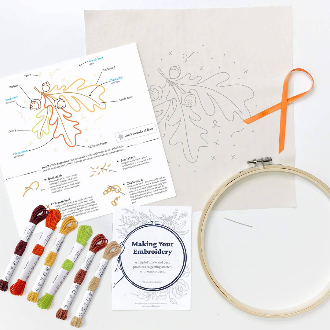 Penguin & Fish – Autumn Sparkle Embroidery Kit | 8" Beginner Fall Embroidery Kit