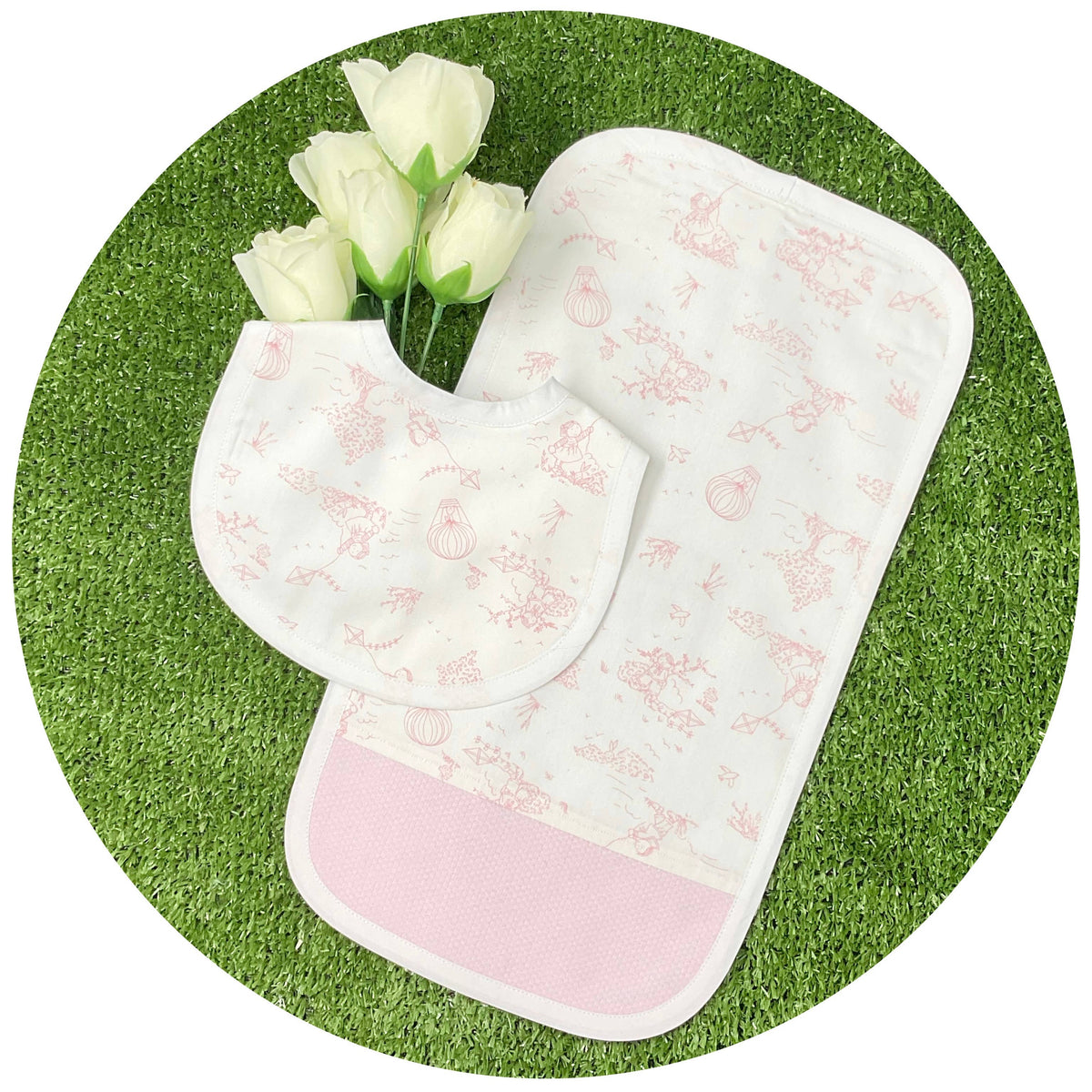 THE ROYALTY COLLECTION - Pink Toile Custom Burp Set : Pink - Pisgah Needleworks