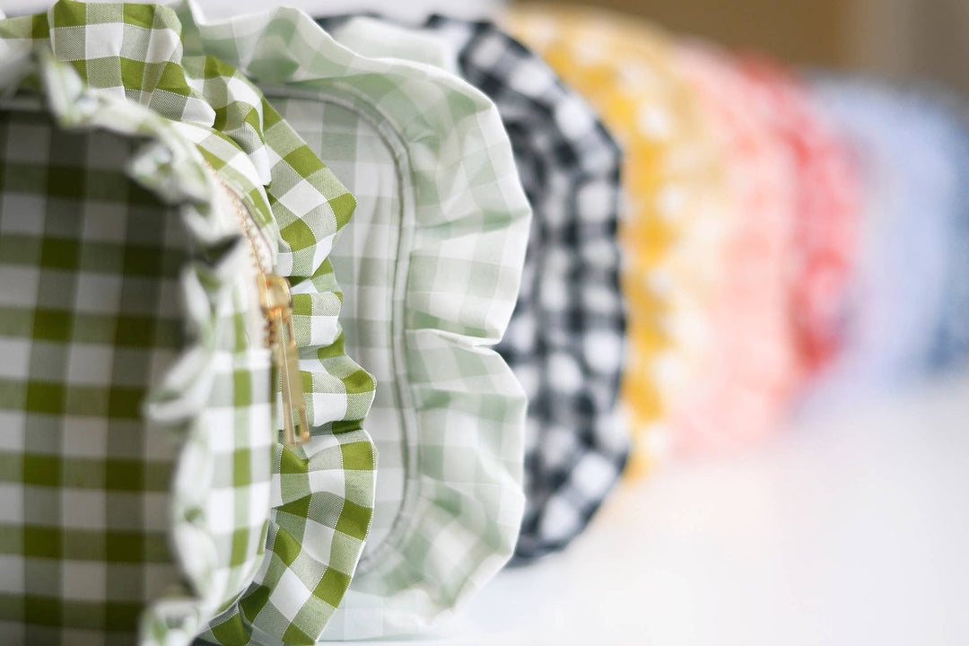 Mugsby - Gingham Ruffle Zipper Pouch Embroidery Friendly Cosmetic Bag: Black - Pisgah Needleworks