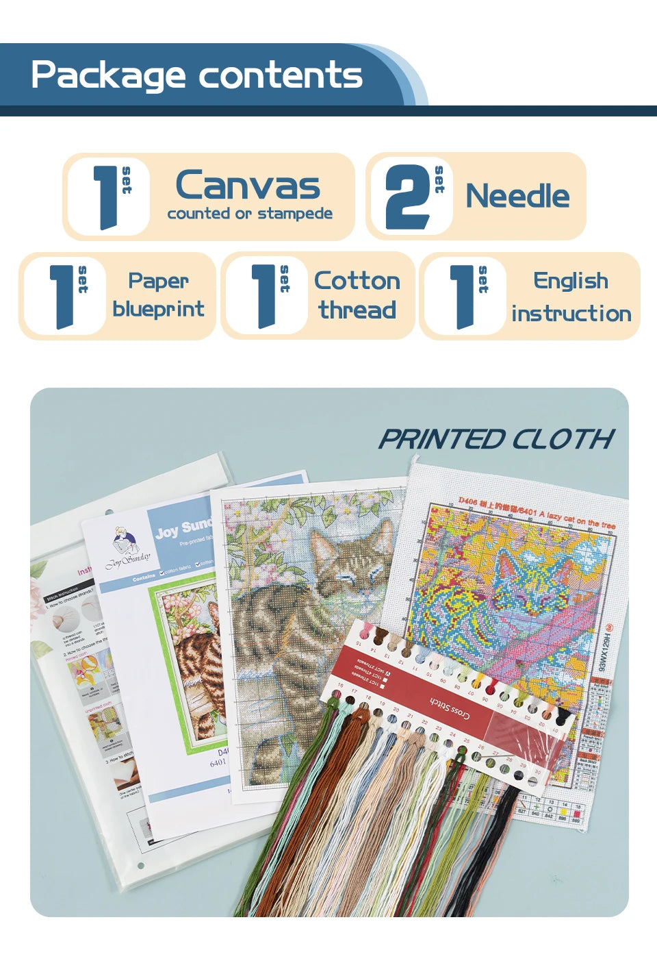 Beginners Cross Stitch Halloween Package contents list with printed cloth and craft materials on a light blue background