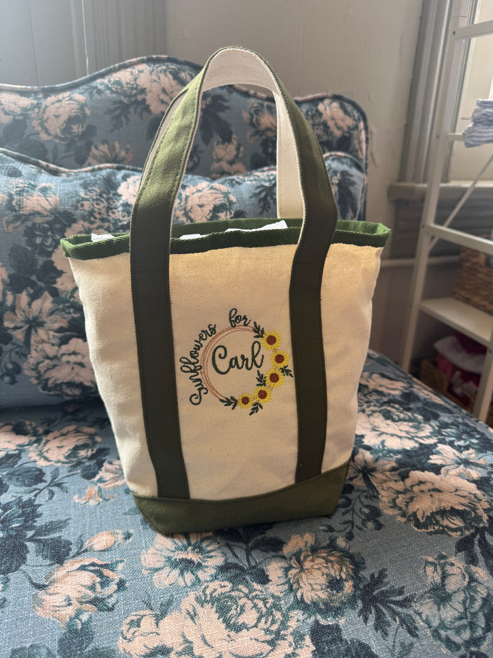 Sunflowers for Carl Personalized Canvas Tote Bag | Small Embroidered Cotton Tote