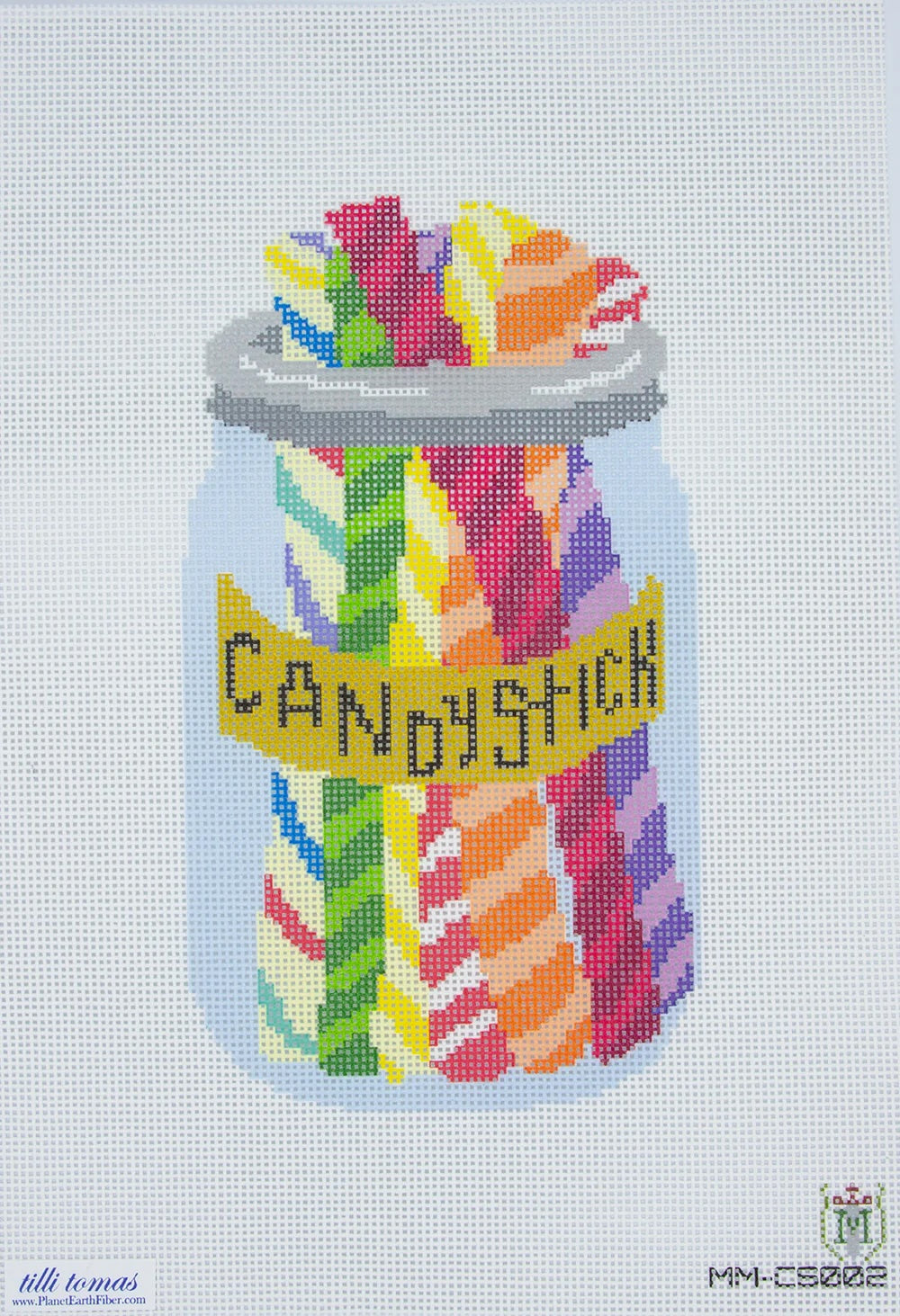 Needlepoint canvas design of a jar labeled 'Candysmash' filled with colorful candy sticks on a light blue background.