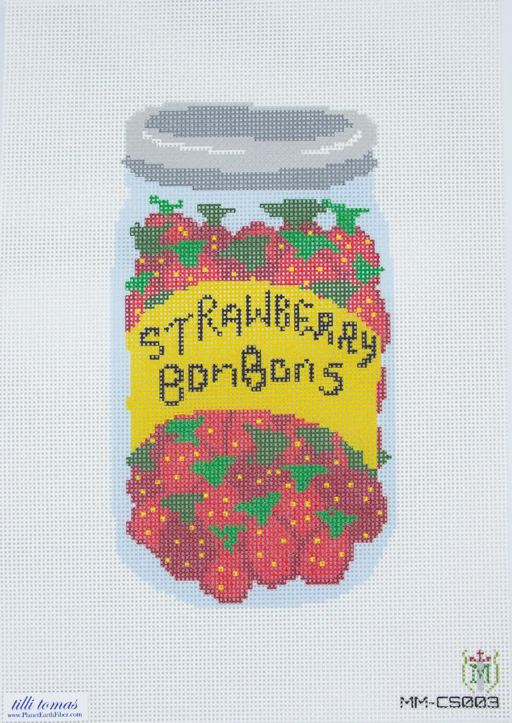 Needlepoint design of a jar labeled 'Strawberry Bon Bons' on a white background.