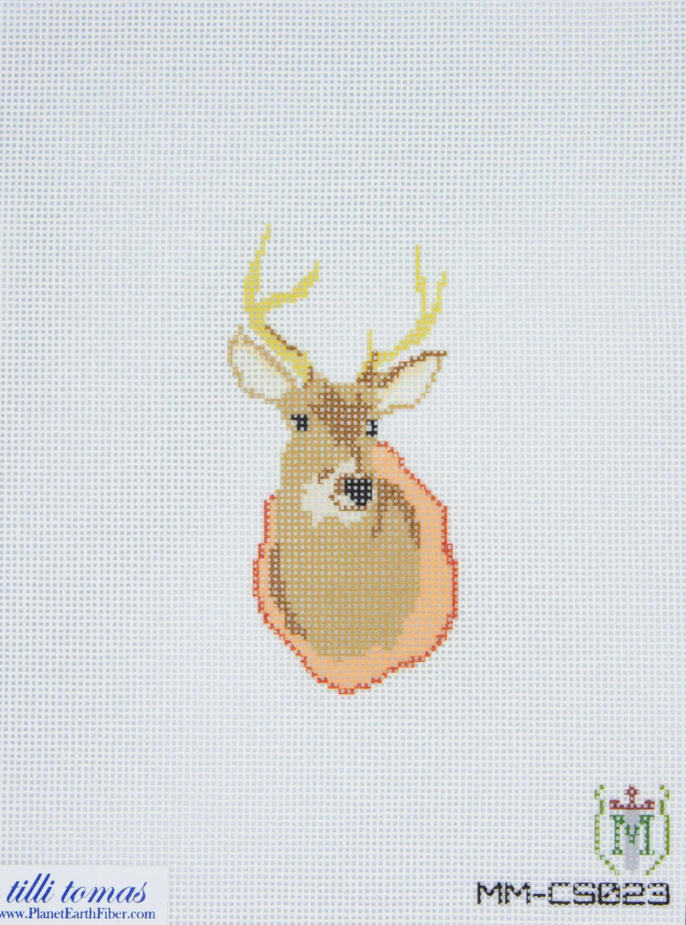 Needlepoint canvas deer head design on a light blue background