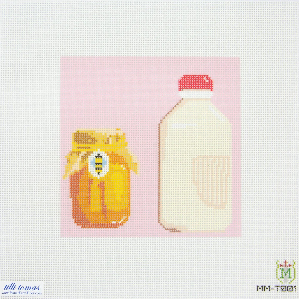Needlepoint canvas design of a jar of honey and a bottle of milk on a pink background.