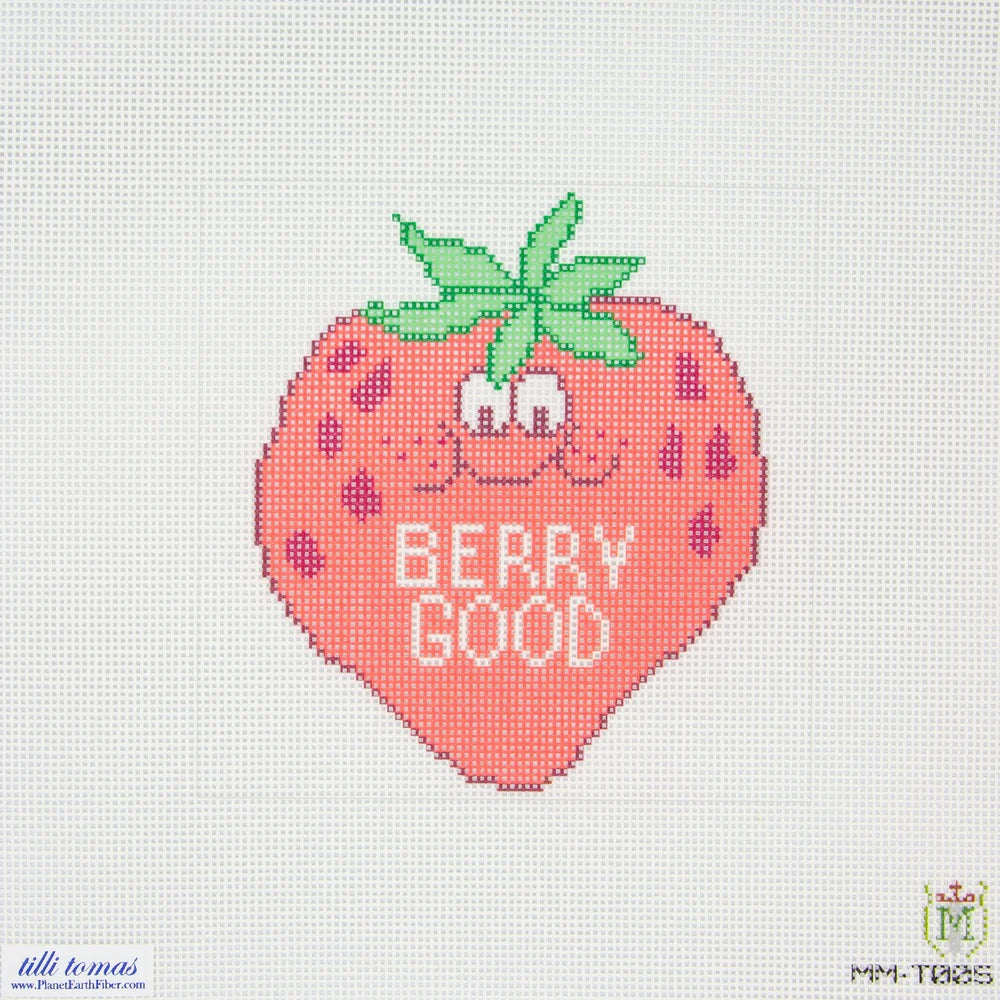 Needlepoint canvas of a strawberry with a face and 'Berry Good' text on a white background